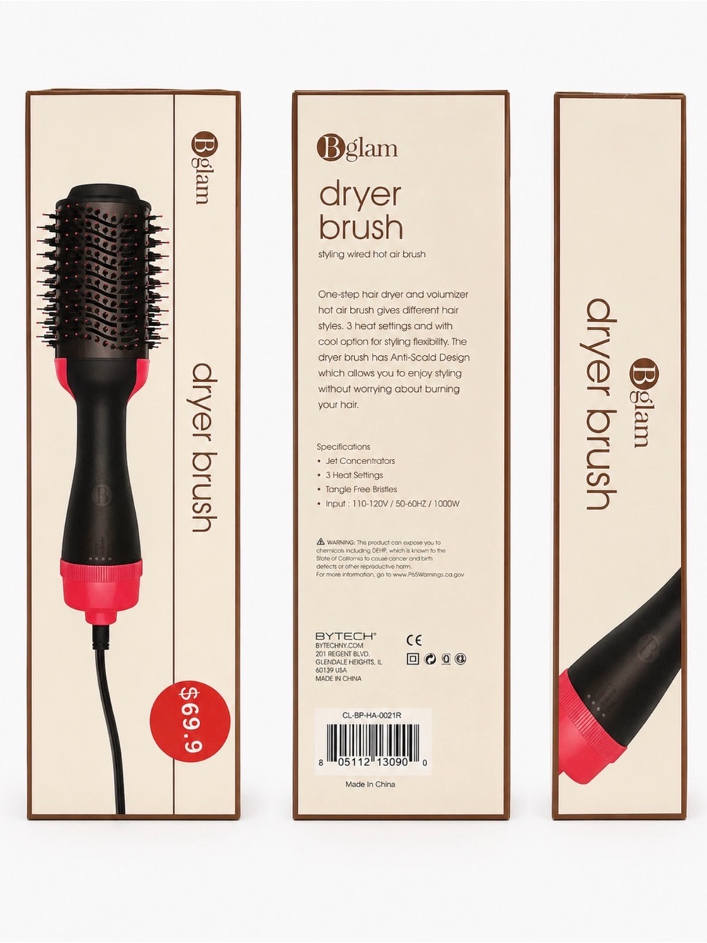 glam Pink & Black Dryer Brush - One-Step Volumizing Hot Air Styler